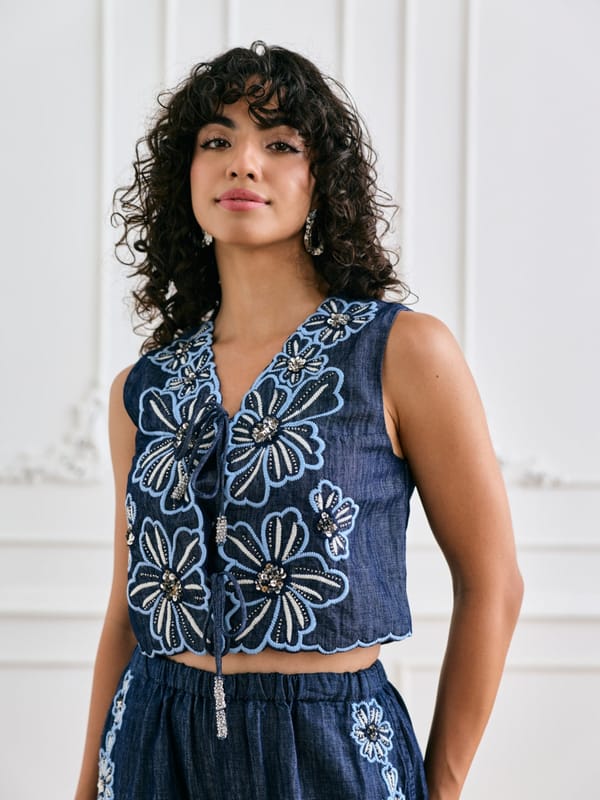 Blue Embroidered Tie-Front Crop Vest Top — Style Island