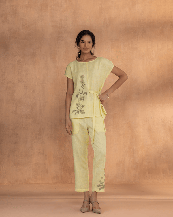 Lemonade Linen Straight-Leg Trousers with Floral Motif — Kaveri