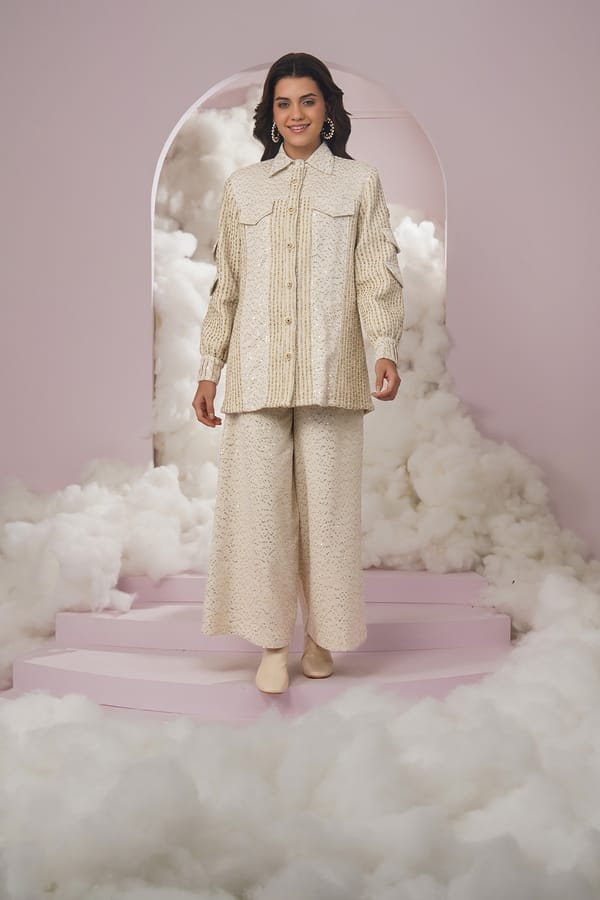 Ivory Gold Sequin Textured Longline Shirt — Chöjé