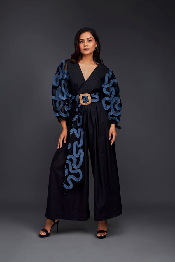 Black and Blue Applique Culotte Jumpsuit — Deepika Arora