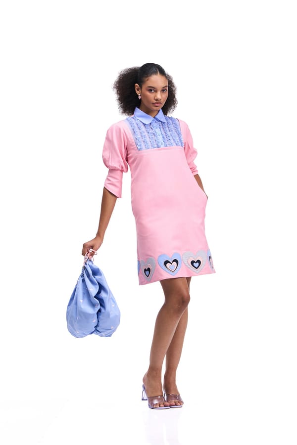Bubblegum Pink Denim Mini Shift Dress with Heart Lace Bib — Our Love