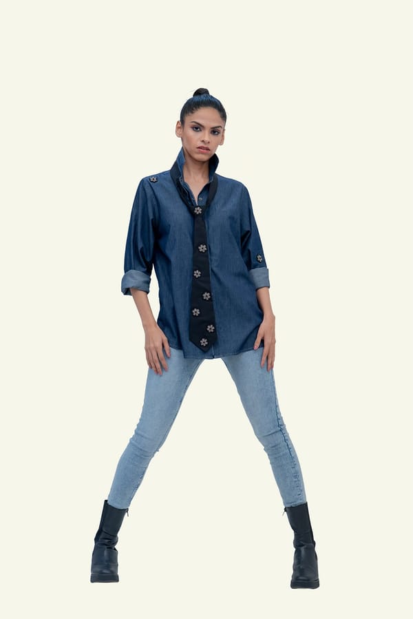 Denim Cotton Shirt with Black Cotton Tie — Richa Goenka