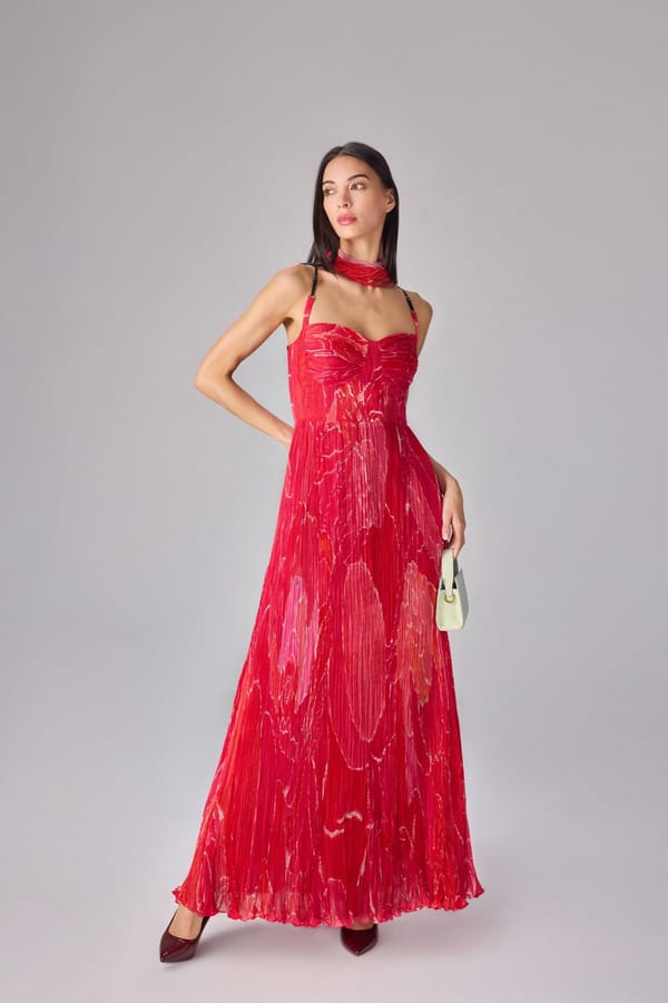 Pink Abstract Floral Micro-Pleated Chiffon Maxi Dress — Saaksha and Kinni