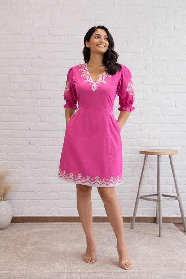 Pink Cotton Poplin Mini Dress with White Embroidery — Younglings