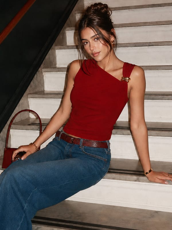 TrueStretch Red Asymmetric Neck Top — Femmella