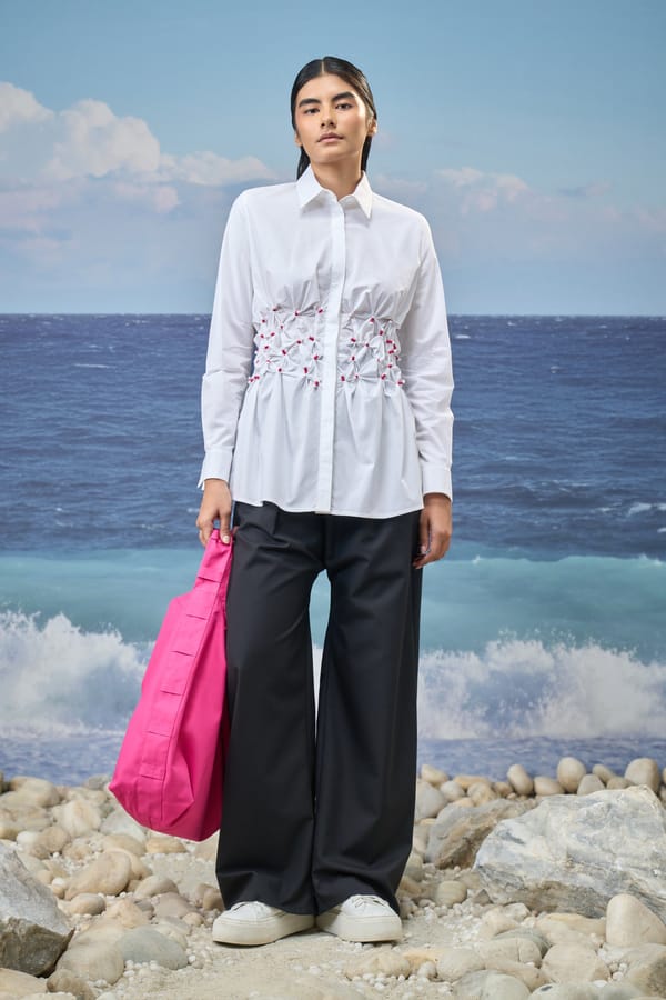 White Smocked Waist Slim-Fit Cotton Poplin Shirt — Genes Lecoanet Hemant