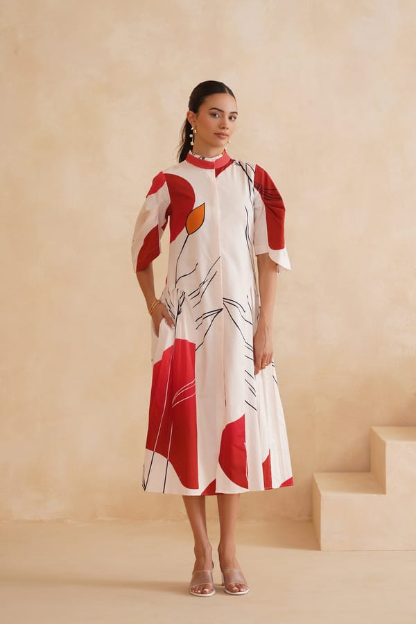 White/Red Abstract Print Fit and Flare Midi Dress — IERA