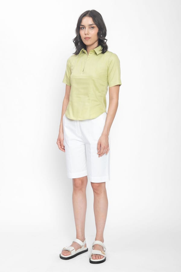 Lime Green Cotton Satin Collared Zip-Front Slim-Fit Top — Contemponari