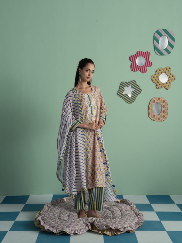 DAISY STRAIGHT KURTA WITH STRIPED PANT & DUPATTA — TASHA INDIA