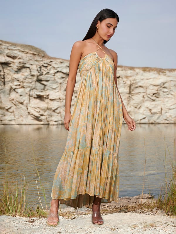 Green/Yellow Shimmer Printed Halter Maxi Dress — House of Soi
