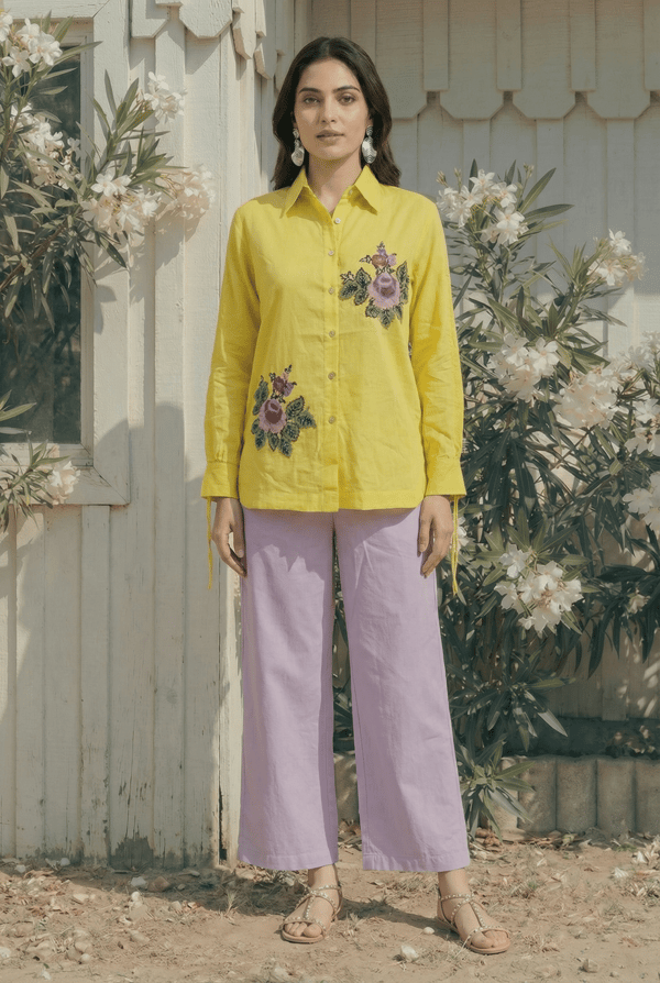 Yellow Embroidered Button-Down Shirt with Sleeve Ties — Western Era