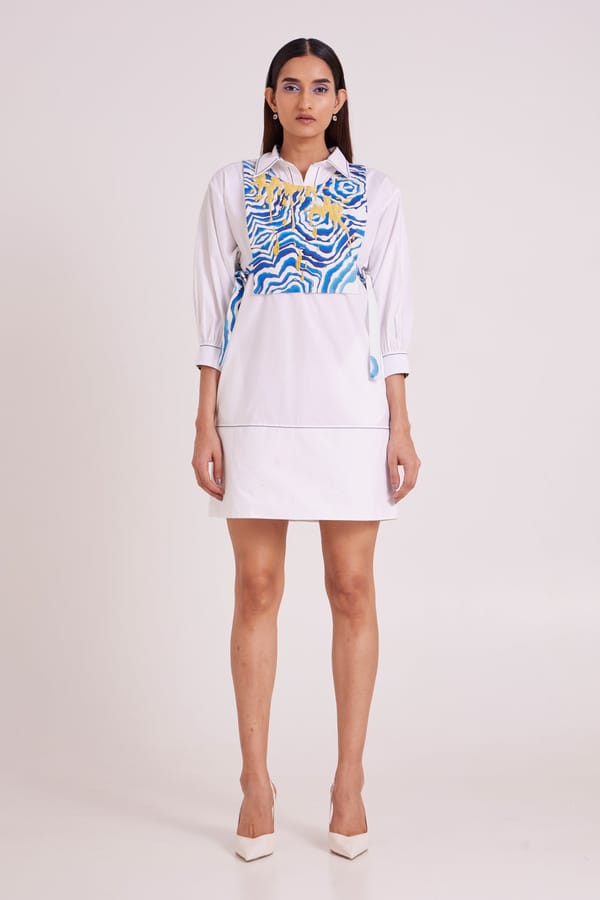 Ivory Mini Shirt Dress with Abstract Bib Overlay — Madder Much