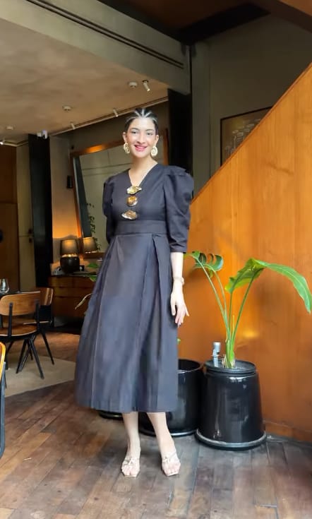 Black Poplin Fit and Flare Midi Dress with Gold Neck Detail — NOTEBOOK
