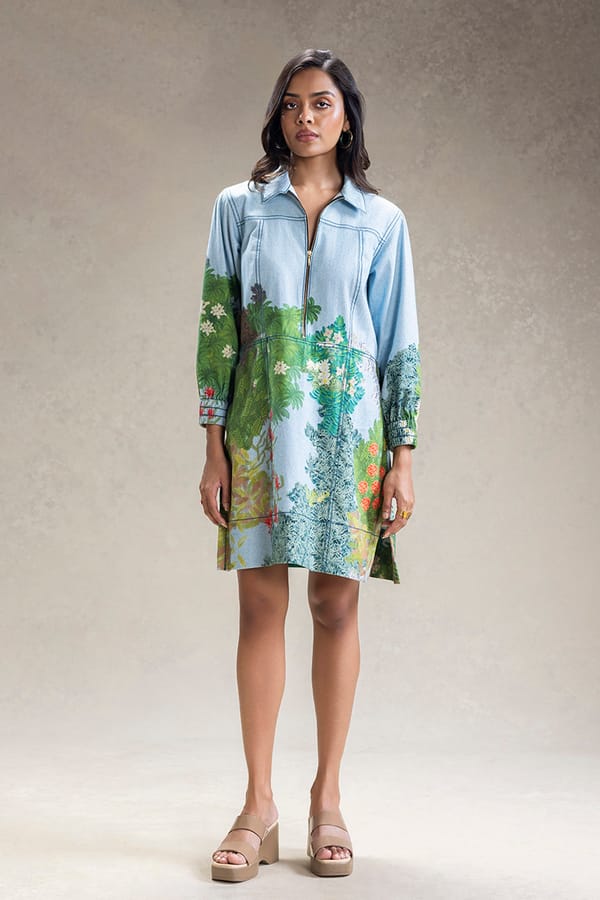 Blue Botanical Print Zip-Front Boxy Dress — SOUP by Sougat Paul