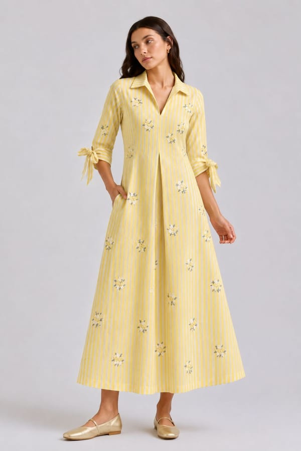Yellow Striped Shirt Dress with Floral Embroidery — Designs by Queen Bee