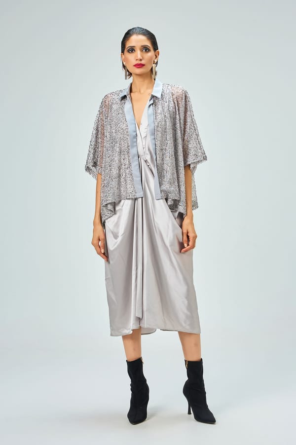 Silver Satin Wrap Midi Dress with Sequin Net Cape — KOR