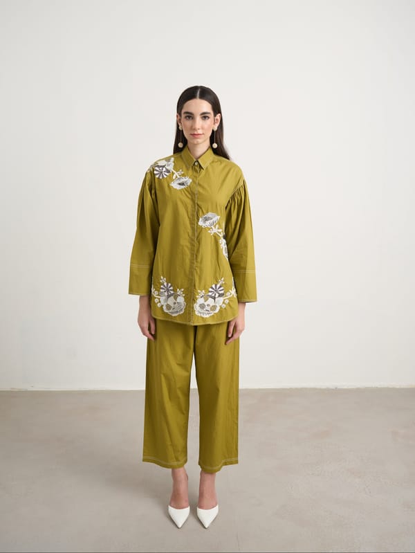 Green Embroidered Cotton Shirt and Pants Co-ord Set — Naka Teki