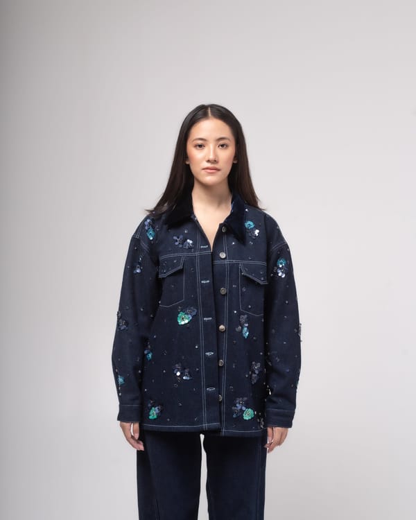 Dark Blue Embellished Denim Jacket with Velvet Collar — MAGIA