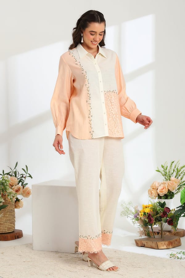 Florea Peach Hand Embroidered French Lace Silk Linen Co-Ord Set — DAREISS