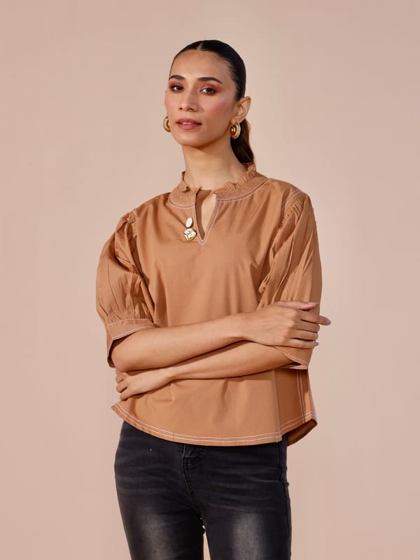 Mocha Cotton Poplin Puff Sleeve Top with Statement Buttons — Cosset Clothing