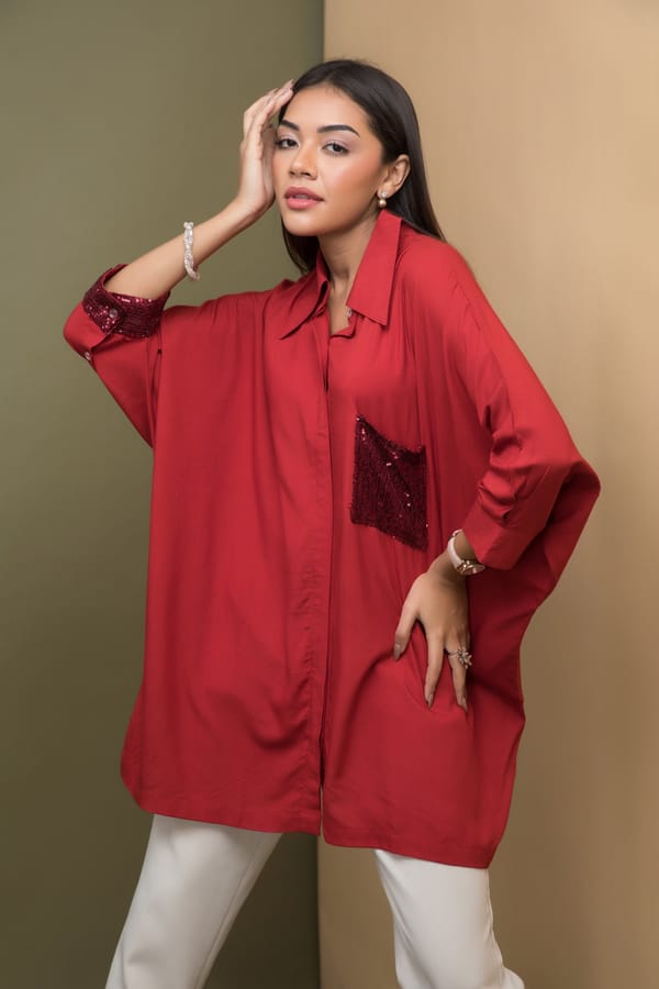 Ruby Red Kaftan-Fit Shirt with Sequin Pocket — Rhe-Ana