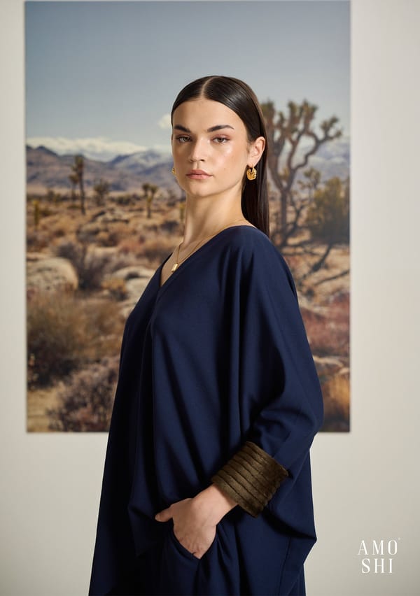 Navy Kaftan-Style V-Neck Top with Fur Cuffs — AMOSHI