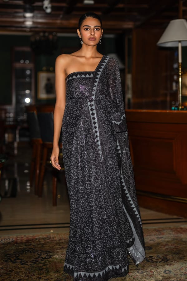 Monochrome Motif & Border Sari Drape Gown — Dash and Dot