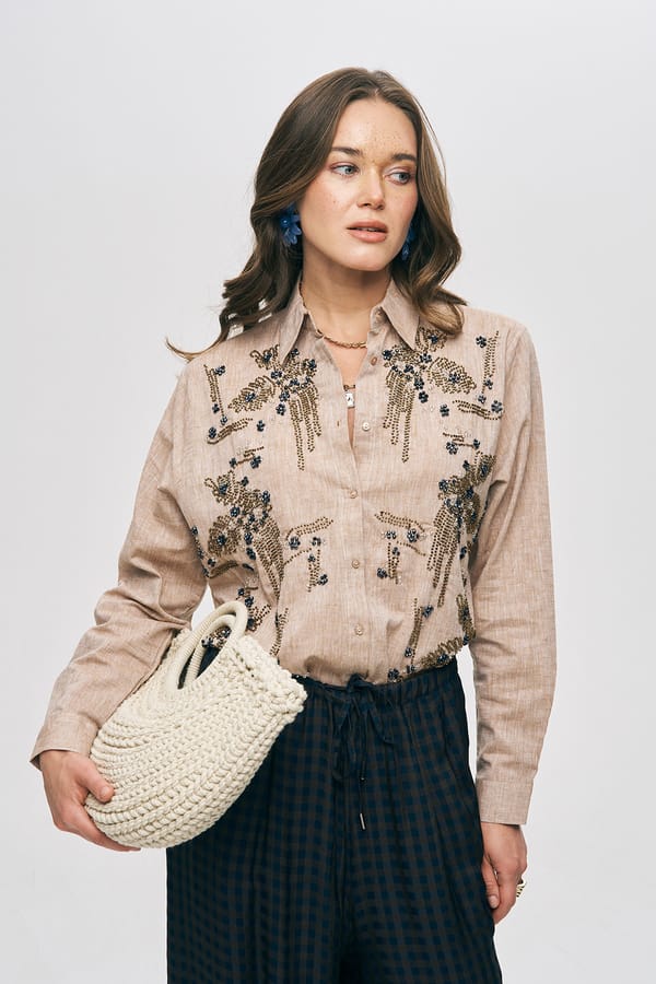 Beige Linen Embroidered and Embellished Longline Shirt — THE LUXURY DRESSING