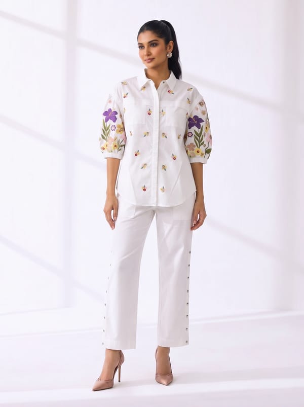 White Cotton Embroidered Shirt and Wide-Leg Pants Co-ord Set — RUCHIKA MALLIKA LABEL