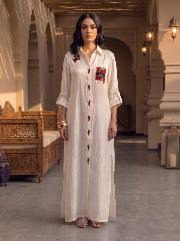 Off White Chilli Embroidered Maxi Shirt Dress — HOUSE OF FETT