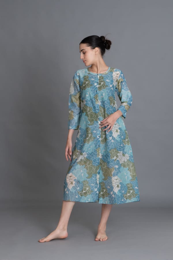 Ocean Blue Floral Print Kurta — Khat