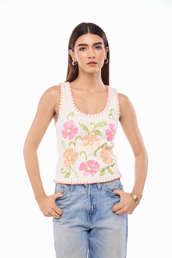White Ribbed Floral Embroidered Scoop Neck Tank Top — The Clothing Factory