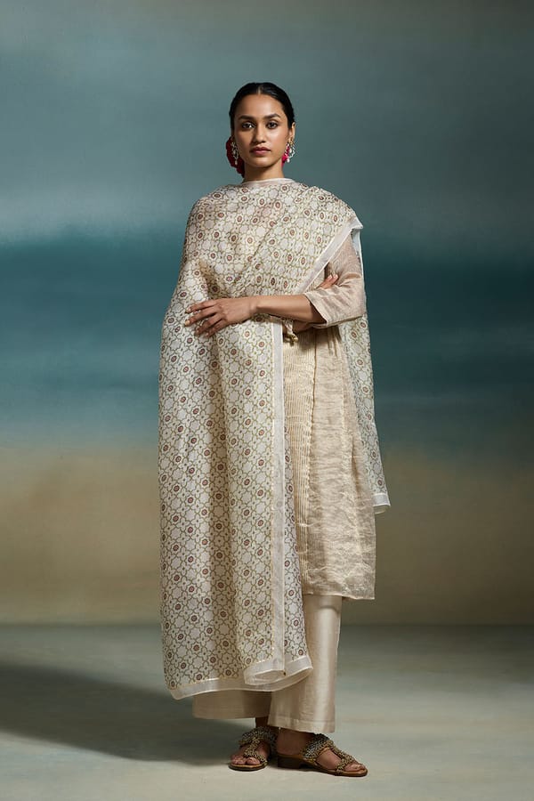 Mogra Chanderi Silk Zari Stripe Kalidar Kurta Set — Dressfolk