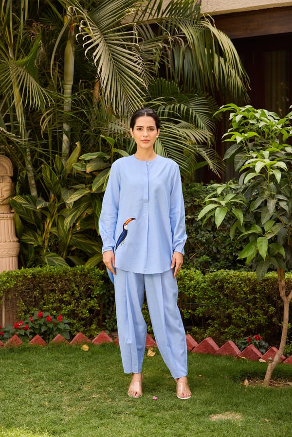 Powder Blue Linen Blend Tunic and Trousers Co-ord Set — Eko Clothing