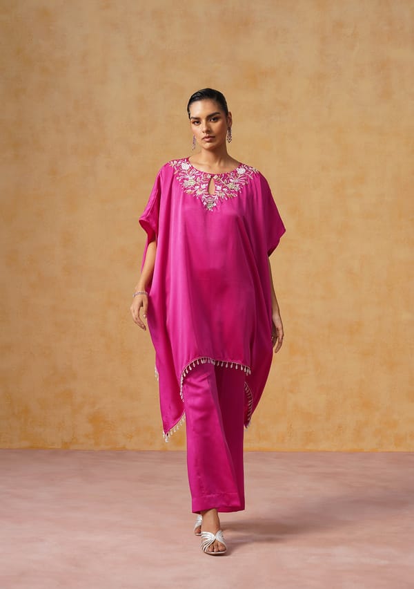 Fuschia Satin Kaftan Co-ord Set with Embellished Neck — AMOSHI