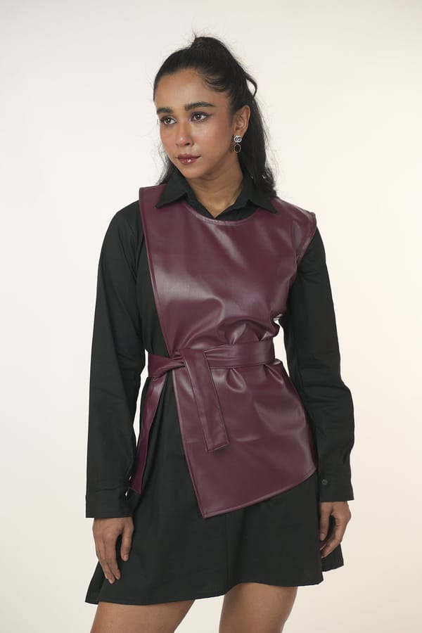 Black/Maroon Mini Shirt Dress with Leather Vest Set — 9899