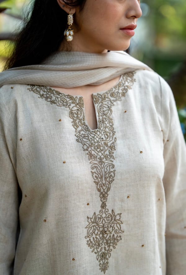 Oat Natural Linen Kurta Set with Embroidered Neckline — SIARA WOMEN