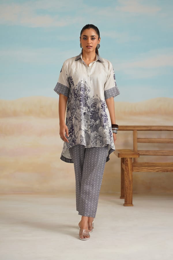 Grey and Mauve Printed Linen Tunic and Pant Co-ord Set — NEETIKA CHOPRA