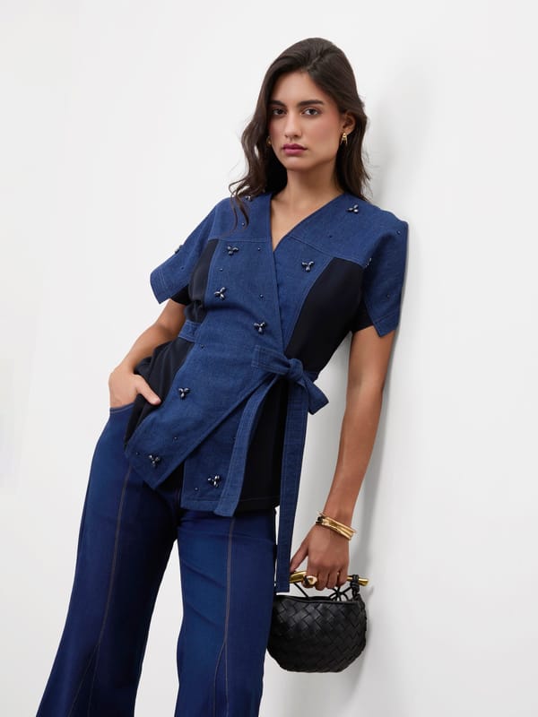Dark Blue Denim Colorblock Wrap Top with Waist Tie — MADISON
