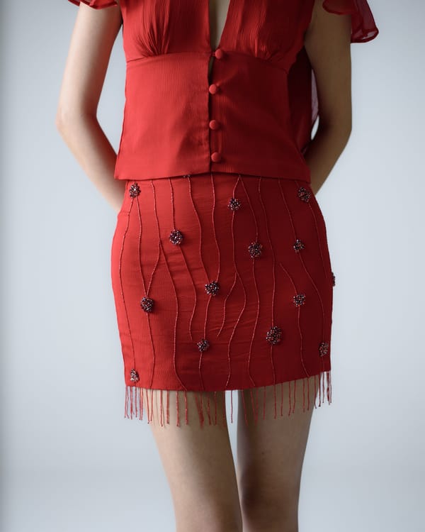 Red Silk Chiffon Embellished Fringe Mini Skirt — MAGIA