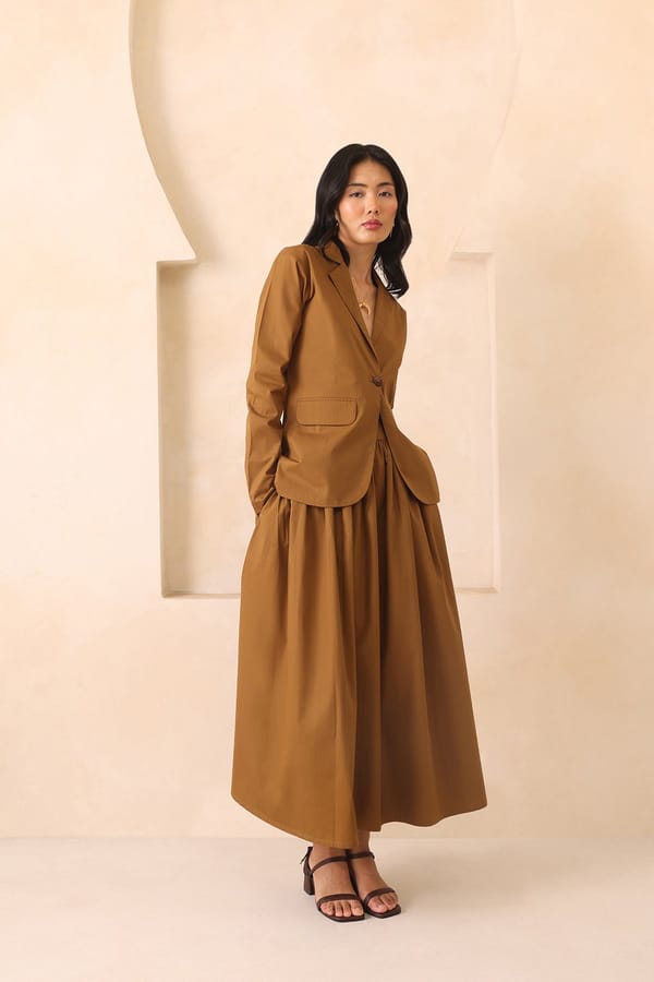 Golden Khaki Cotton Poplin Blazer and Maxi Skirt Co-ord Set — Olavi