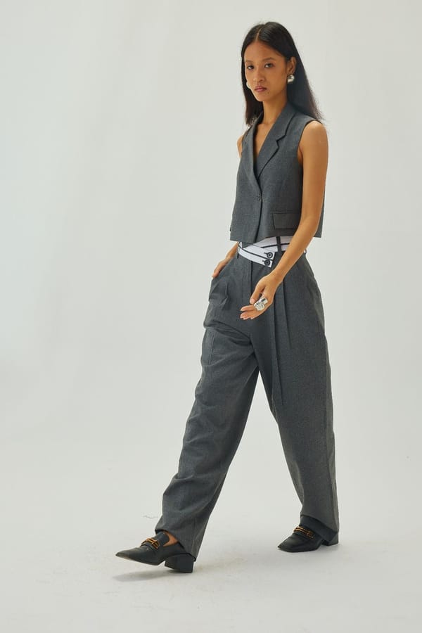 Grey High-Waist Wide-Leg Trousers with Cross Waist Detail — Shop Staple