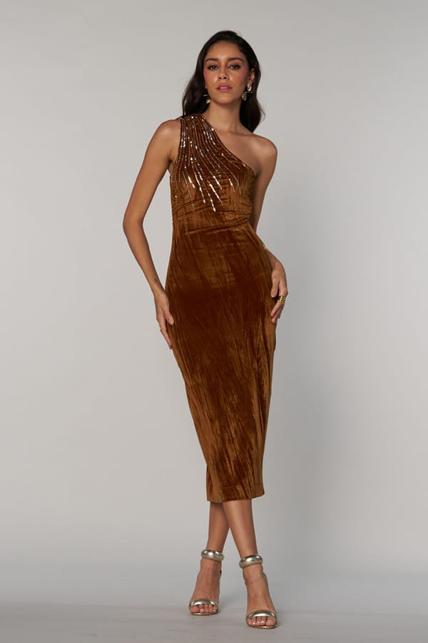Brown One-Shoulder Velvet Sequin Yoke Midi Dress — Style Island