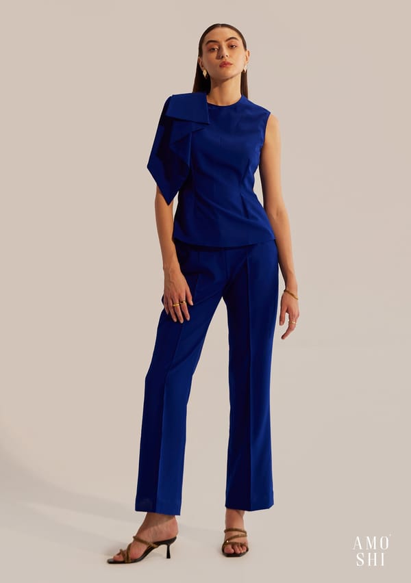Blue Draped Sleeveless Top and Flared Trousers Co-ord Set — AMOSHI