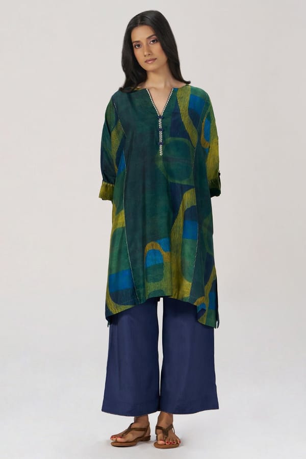 Deep Green and Blue Abstract Silk Co-ord Set — Ganga Fashions Pvt Ltd