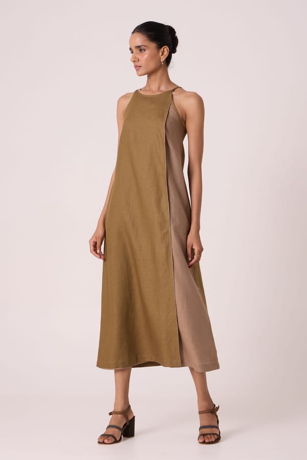 Supun Olive Linen Panelled Dress — The Summer House