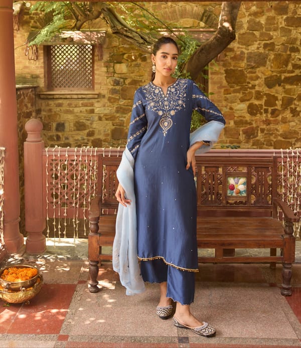Zeenat Silk Chanderi Prussian Kurta Set — Dohr India