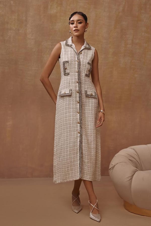 Creme Metallic Tweed Button-Front Sleeveless Midi Dress — BOHO-CHIC