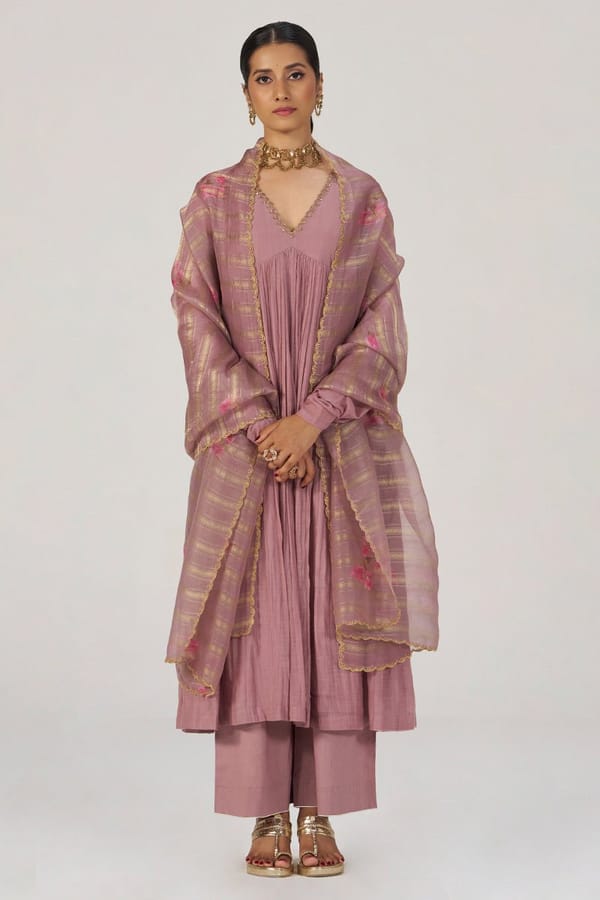Woodrose Chanderi Silk Festive Kurta Set — Ganga Fashions Pvt Ltd