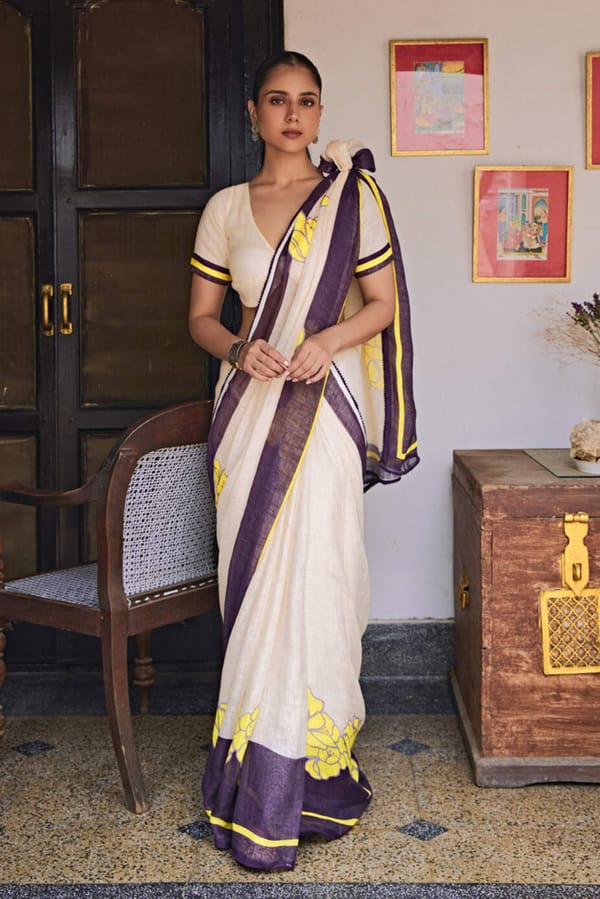 The Golnar Floral Handcrafted Linen Saree — YELL